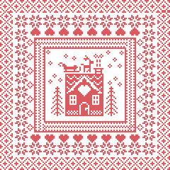 Scandinavian Nordic winter stitch, knitting  pattern in  square, tile  shape including snowflakes, trees, gingerbread houses, hearts, reindeer, santas sleigh, decorative elements on red background 
