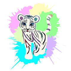 Fototapeta na wymiar cute baby tiger portrait, illustration with splash watercolor textured background.