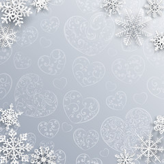 Christmas background with hearts and snowflakes