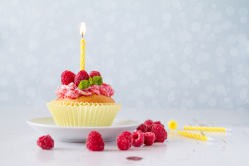 Birthday cupcake with raspberry and candy