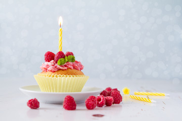 Birthday cupcake with raspberry and candy