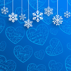 Christmas background with hanging snowflakes on background of he