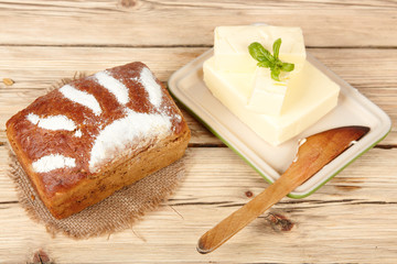 Dairy products on wooden table. Sour cream, milk, cheese, egg, 