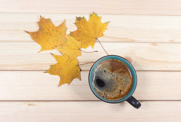 Cup of coffee on the autumn background.