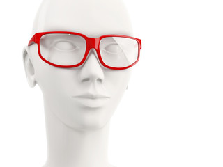 close-up of white mannequin head of a woman wearing red glasses