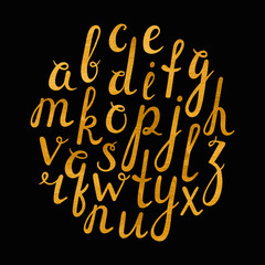 Artistic handdrawn golden font. All the letters are painted in gold texture. Italic, bold. Vector illustration.