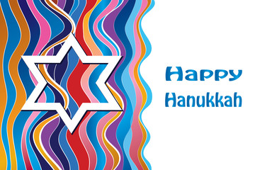 Happy Hanukkah greeting card with David star. Vector illustration Jewish Holiday - jewish star and greeting text. Multicolor Horizontal Hanukkah page design, banner, invite. For Jewish New Year. 