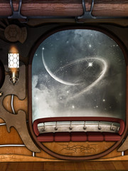 steampunk scene whit galaxy outside and sparkles