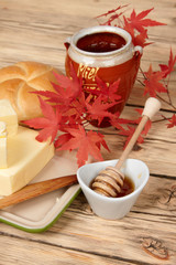 Dairy products on wooden table. Sour cream, milk, cheese, egg, 