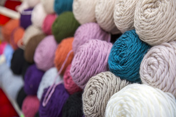 Colorful of Yarn Balls Wool in a Fabric Shop