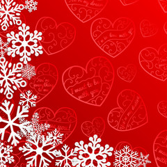 Obraz na płótnie Canvas Christmas background with snowflakes on background of hearts