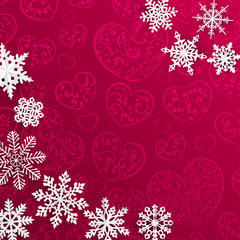 Christmas background with snowflakes on background of hearts