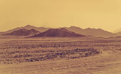 Zelfklevend Fotobehang African desert, sandstorm and stone hills on a horizon. © Repina Valeriya