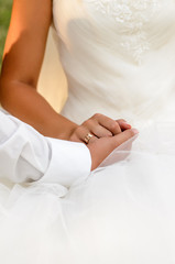 Obraz na płótnie Canvas the groom holds the bride's hand