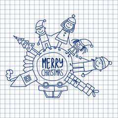 Merry christmas and happy new year. Kids drawing.