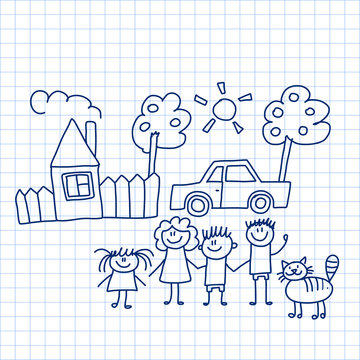 Happy Family With House And Car