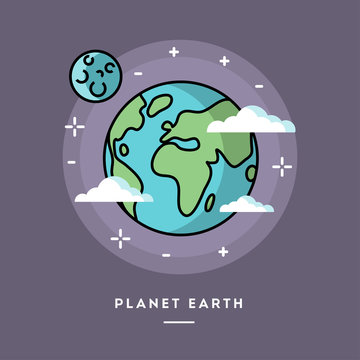 Planet Earth Seen From Space, Line Flat Design Banner