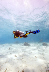 Silhouette of Scuba Diver near Sea Bottom