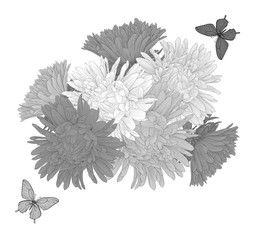 Beautiful monochrome black and white  background with bouquet flowers and butterflies.