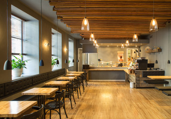 Interior of restaurant. Wooden design.