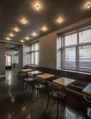 Interior of restaurant. Wooden design.