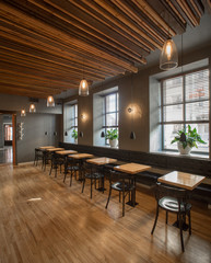 Interior of restaurant. Wooden design.