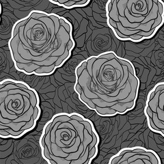 beautiful black and white seamless pattern in roses with contours.