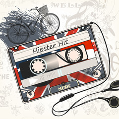 Vector music background with old cassette decorated by British f