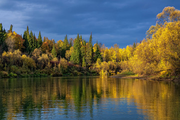 Siberian taiga in Autumn sunset