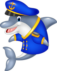Naklejka premium Cartoon funny dolphin wearing captain uniform 