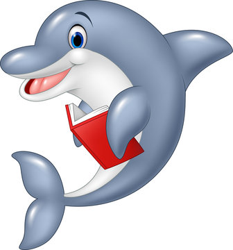 Cartoon dolphin holding book isolated on white background
