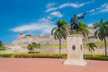 Castillo San Felipe Barajas, impressive fortress located in Lazaro hill, Cartagena de Indias, Colombia - obrazy, fototapety, plakaty