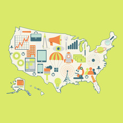 Map of USA with technology icons. Contour map of United States with icons of technology, business, science, communication