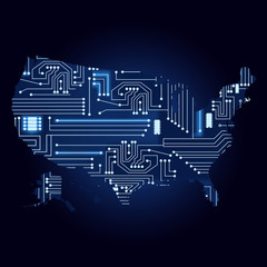 Map of USA with electronic circuit. Contour map of United States with a technological electronics circuit.
