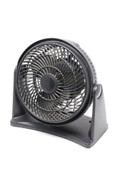 Dusty black motor fan isolated on white.