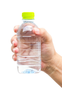Man hand with bottle of water isolated on white.