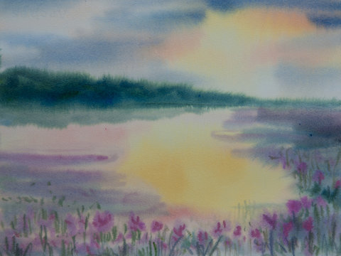 Beautiful lake with colorful sky, watercolor painting