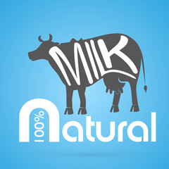 Cow silhouette emblem natural milk background.