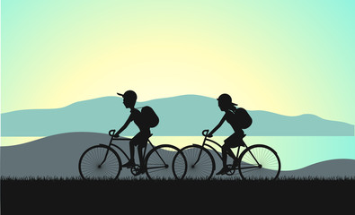 Obraz premium cycle tourism summer sunset illustration