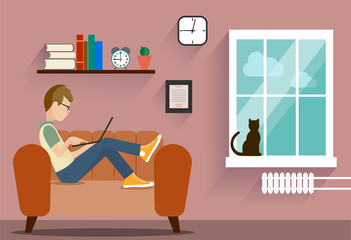 person at the computer in a house situation an illustration