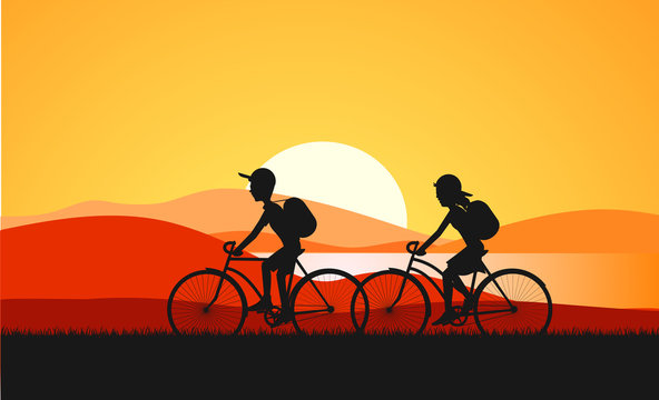 cycle tourism summer sunset illustration