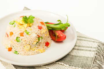 Vegetarian fried rice with tomatoes and green onion