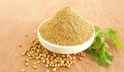 Coriander powder, which is used as an ingredient in some dishes.