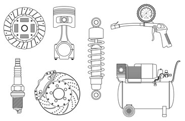 Spark Plug, Spray gun, Manometer, Shock Absorber, Brake disc, Car wheel, Piston. Auto service set.