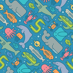 Fototapeta premium seamless pattern of stylized fishes, whales, sharks, dolphins and other sea life.
