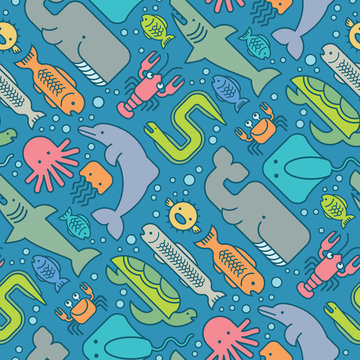 seamless pattern of stylized fishes, whales, sharks, dolphins and other sea life.