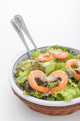Prawn salad. Healthy Shrimp Salad with mixed greens and tomatoes