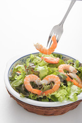 Prawn salad. Healthy Shrimp Salad with mixed greens and tomatoes