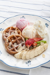 Waffles with ice cream and fruits