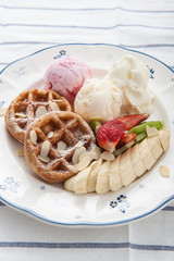 Waffles with ice cream and fruits